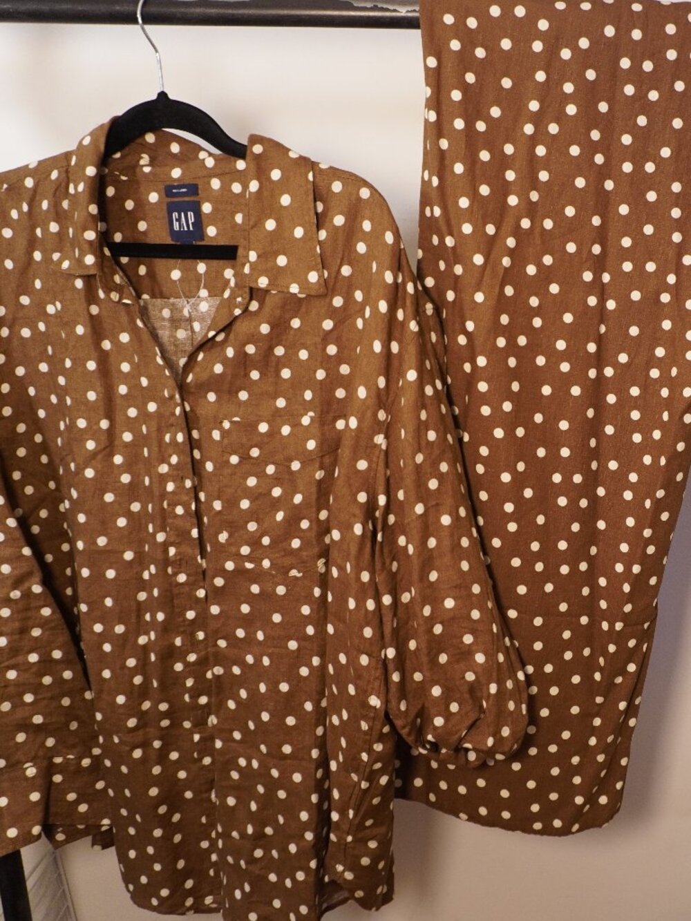 Gap Brown Polka Dot Linen Matching Set XL Button Down Shirt & Pants